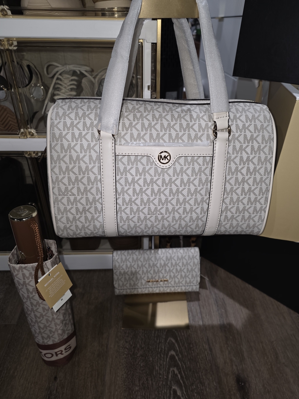 Michael Kors Cream & Light Gray Sig MK Satchel, Wallet, & matching Umbrella
